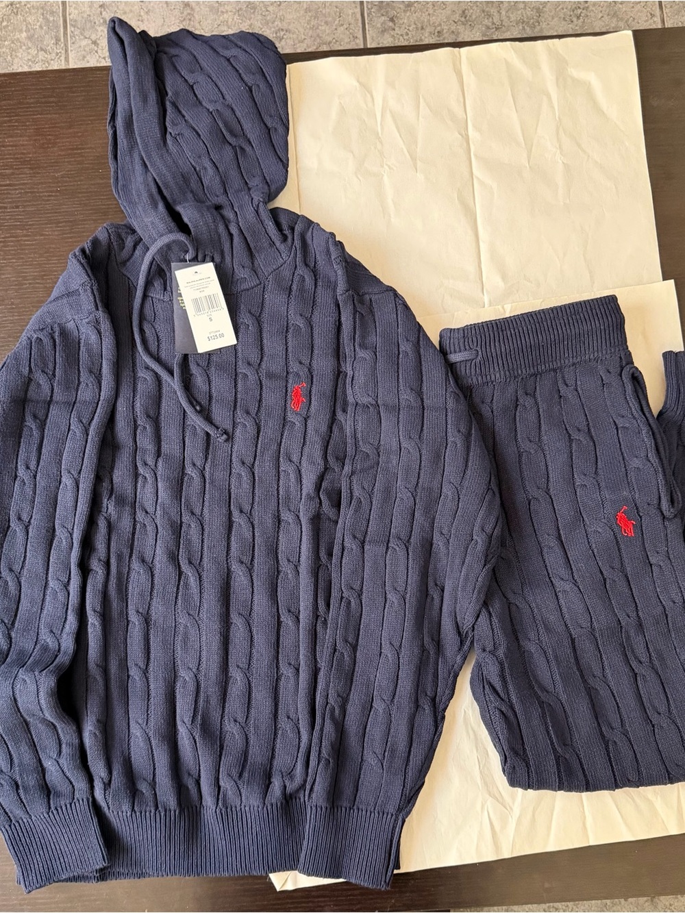 Ralph Lauren Charcoal Cable-Knit Hoodie with Red Pony - Picture 2 of 9